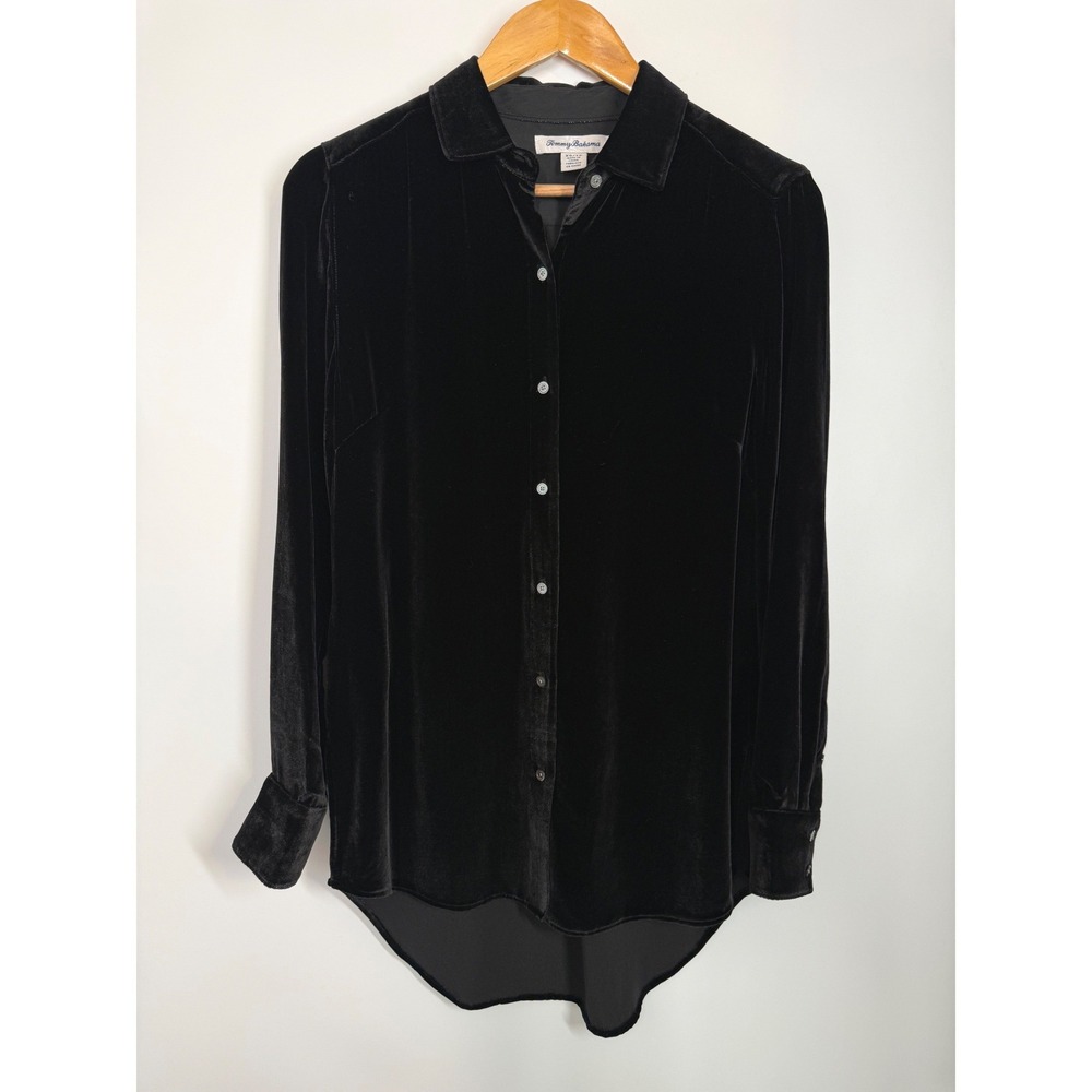 Tommy Bahama Women's Black Silk Blend Velvet Button Down Shirt Blouse XS High-Lo